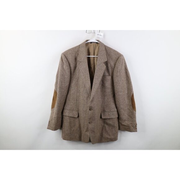 Vtg 90s Mens 44R Wool Tweed Herringbone Suede Elbow Patch Suit Blazer Jacket USA